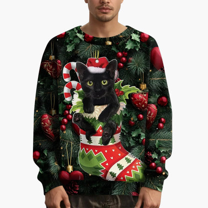 Herren Weihnachts-Sweatshirt mit Katzenmotiv und festlichem Print – Lustiges Pullover für die Feiertage