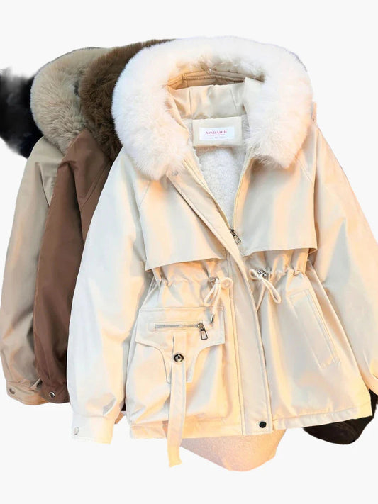Women's winter jacket with hood and detachable faux fur collar – fashionable outdoor parka for cold days