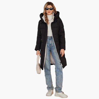Women's winter quilted coat with hood – long, warm outdoor parka for cold days
