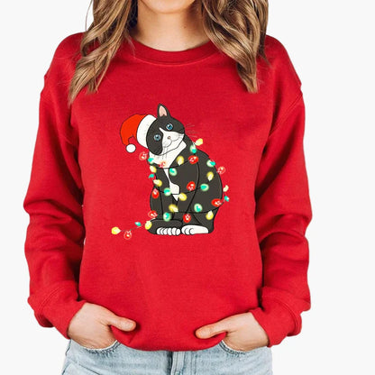 Women's Christmas Sweater with Cat, Christmas Hat and String Lights – Funny Winter Sweater for Women