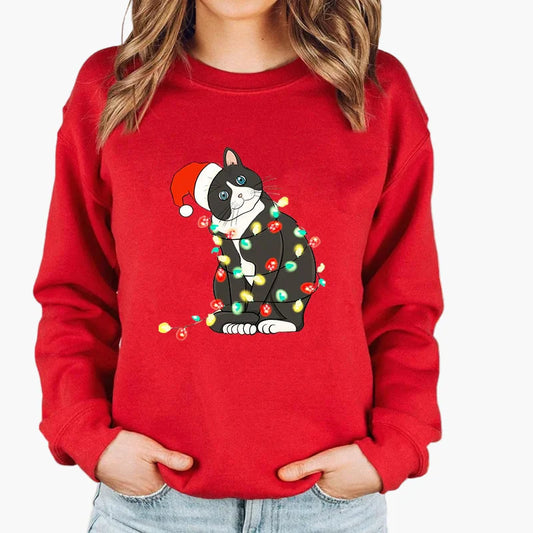Women's Christmas Sweater with Cat, Christmas Hat and String Lights – Funny Winter Sweater for Women