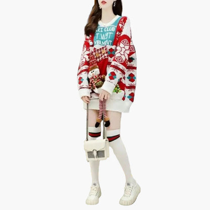 Damen Weihnachtspullover Kleid Ugly Christmas Sweater mit Schneemann 3D Applikation – Lustiger Oversize Winterpulli für Feiertage & Partys