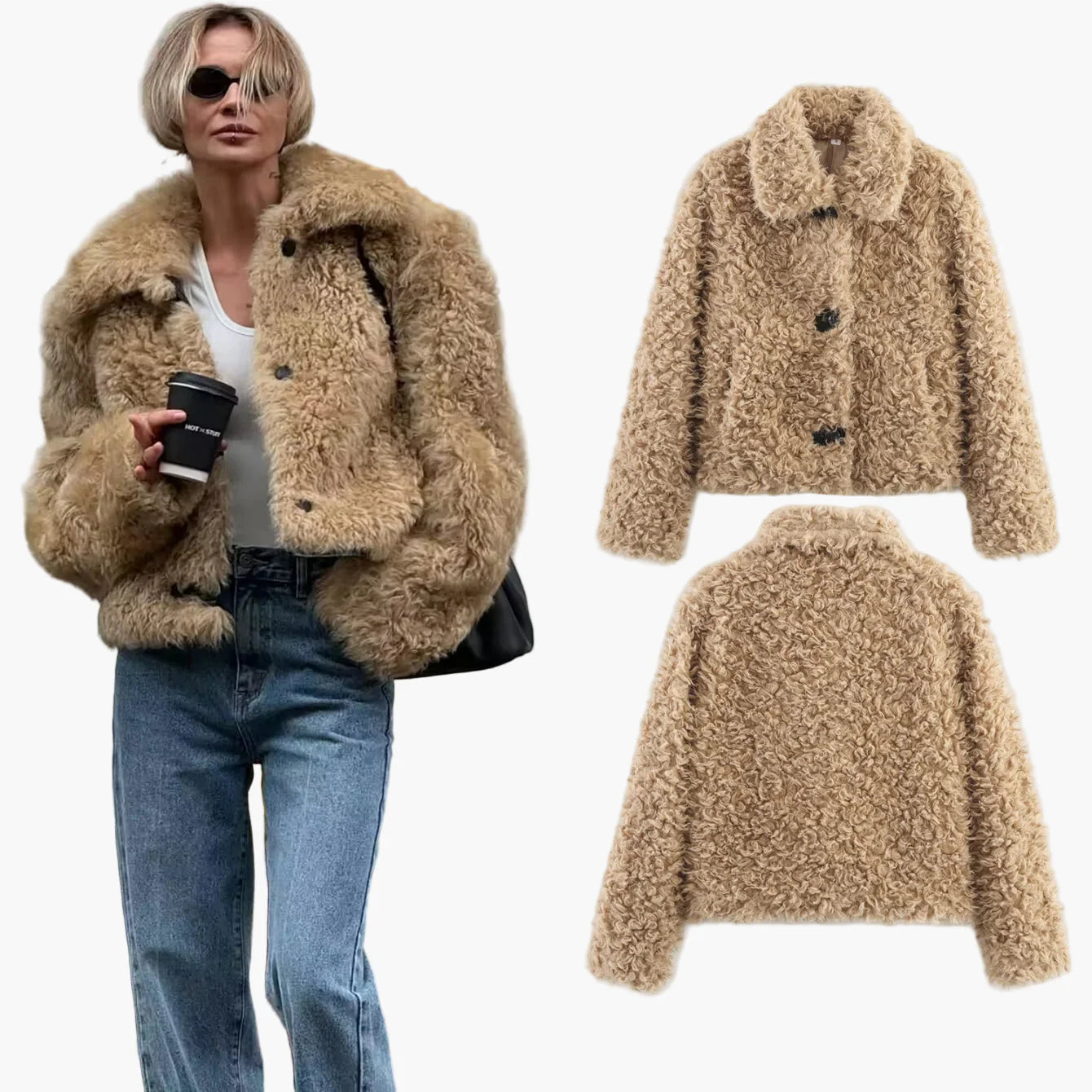 Women's Teddy Fur Short Jacket Vintage Look – Fashionable Transitional Jacket for Everyday & Leisure