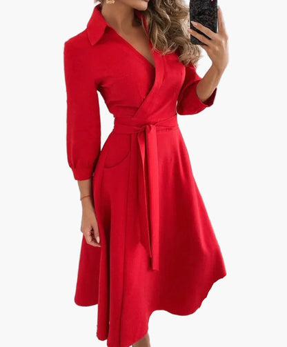Women's Elegant Wrap Dress with Belt and Collar – Perfect for Office and Everyday Use