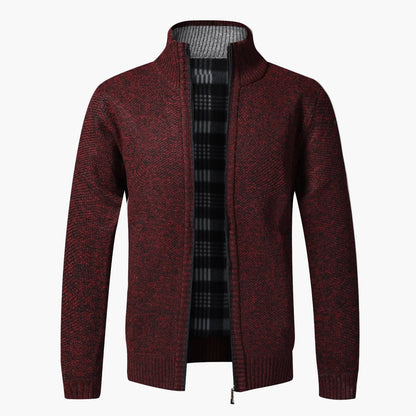 Men's knit cardigan with stand-up collar and checkered lining – fashionable casual jacket