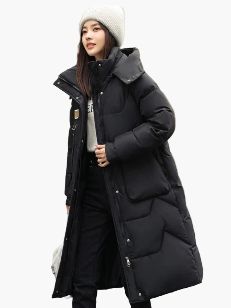 Women's winter quilted coat with hood – long, warm outdoor parka for everyday & leisure