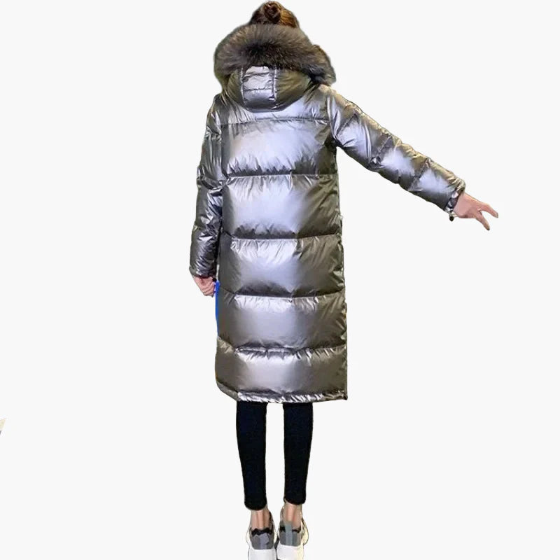Women's winter quilted coat with hood and fur collar – elegant, long puffer for cold days