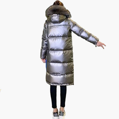 Women's winter quilted coat with hood and fur collar – elegant, long puffer for cold days