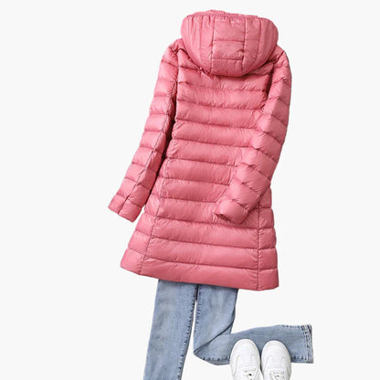 Women's winter quilted coat with hood – fashionable long coat for everyday and outdoor use