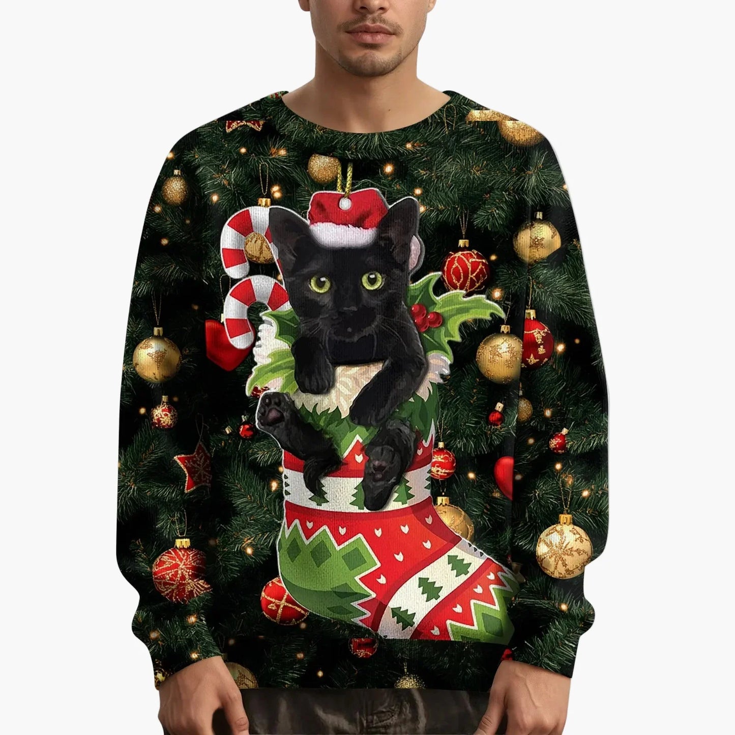 Herren Weihnachts-Sweatshirt mit Katzenmotiv und festlichem Print – Lustiges Pullover für die Feiertage
