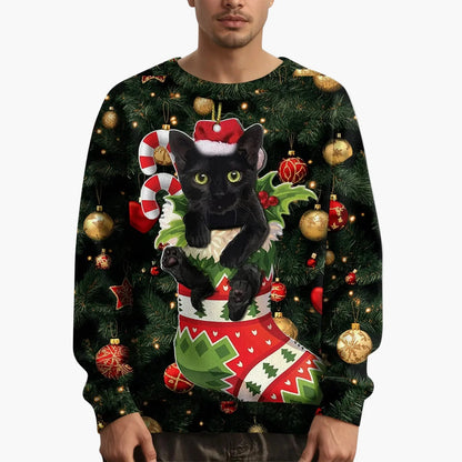 Herren Weihnachts-Sweatshirt mit Katzenmotiv und festlichem Print – Lustiges Pullover für die Feiertage