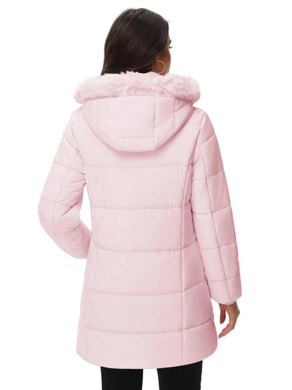 Women's winter quilted coat with hood – fashionable long puffer jacket for everyday & outdoor