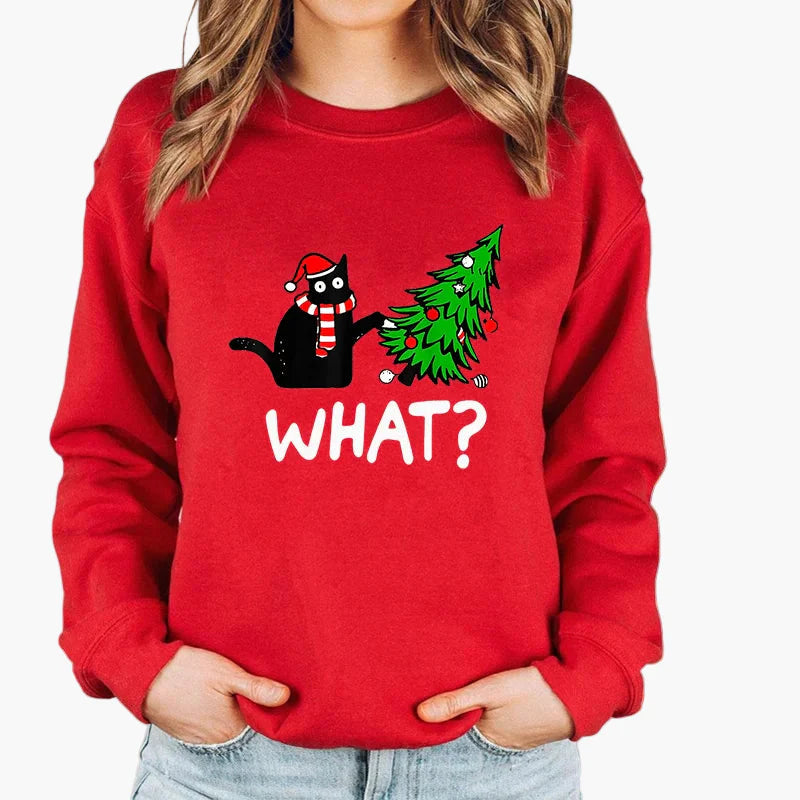 Women's Christmas Sweater with Cat, Christmas Hat and String Lights – Funny Winter Sweater for Women