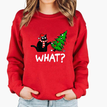 Women's Christmas Sweater with Cat, Christmas Hat and String Lights – Funny Winter Sweater for Women