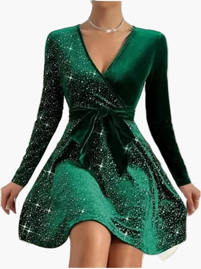 Women's festive party dress with glitter and bow – elegant look for special occasions