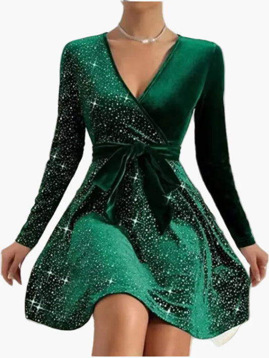 Women's festive party dress with glitter and bow – elegant look for special occasions