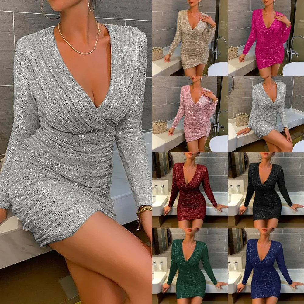 Women's Sequin Party Mini Dress with Long Sleeves and Deep Neckline – Perfect Dress for Evening, Club, and Celebrations