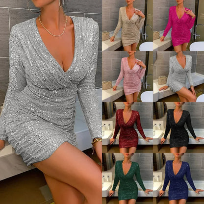 Women's Sequin Party Mini Dress with Long Sleeves and Deep Neckline – Perfect Dress for Evening, Club, and Celebrations
