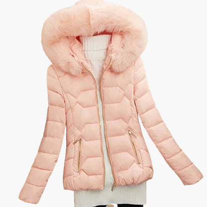 Women's winter quilted jacket with hood and fur collar – elegant outdoor coat