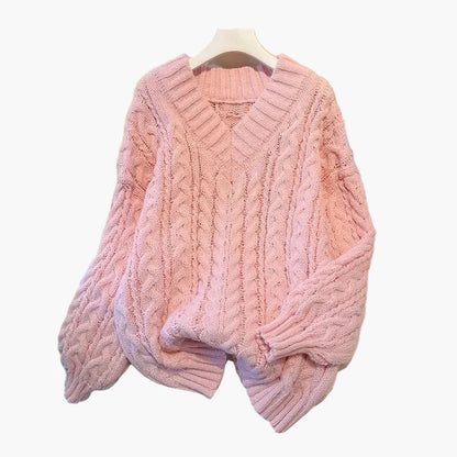 Damen Grobstrick Pullover mit Zopfstrickmuster und V-Ausschnitt – Lässiger Winterpullover für Alltag & Freizeit