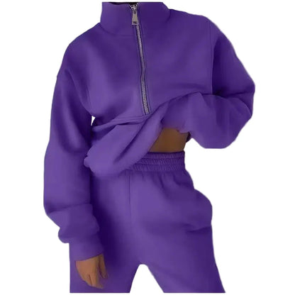 Women's tracksuit set with stand-up collar and zipper – fashionable casual suit for sports & everyday use