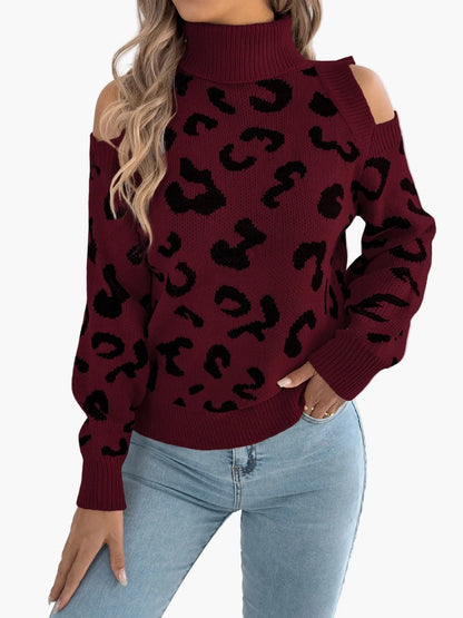 Damen Pullover mit Leopardenmuster und Cut-Out Schultern – Trendiger Freizeit-Strickpullover