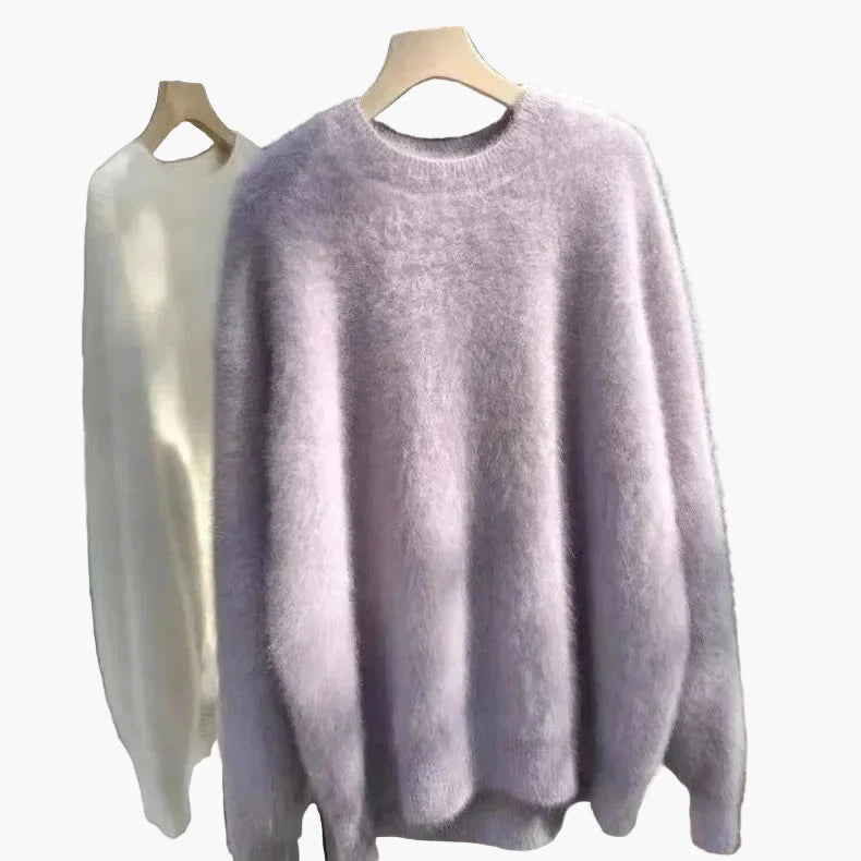 Women's Oversize Sweater with Crew Neck – Casual, Fluffy Knit Sweater for Autumn and Winter