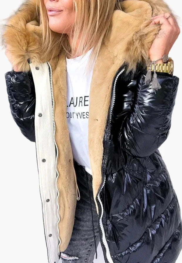 Women's winter quilted coat with hood and fur collar – fashionable European-American style, warm, elegant, everyday and outdoor