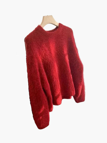 Women's Oversize Sweater with Crew Neck – Casual, Fluffy Knit Sweater for Autumn and Winter