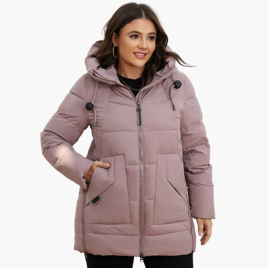 Women's winter quilted jacket with hood, fashionable and warm, plus size, outdoor & everyday use