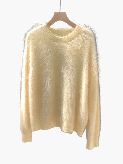 Women's Oversize Sweater with Crew Neck – Casual, Fluffy Knit Sweater for Autumn and Winter