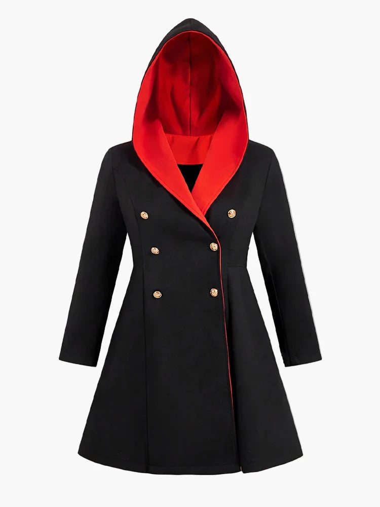 Damen Gothic Mantel mit Kapuze und Knopfdetails – Eleganter Wintermantel für Alltag und Cosplay