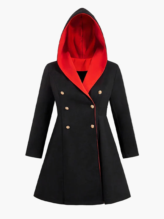 Damen Gothic Mantel mit Kapuze und Knopfdetails – Eleganter Wintermantel für Alltag und Cosplay