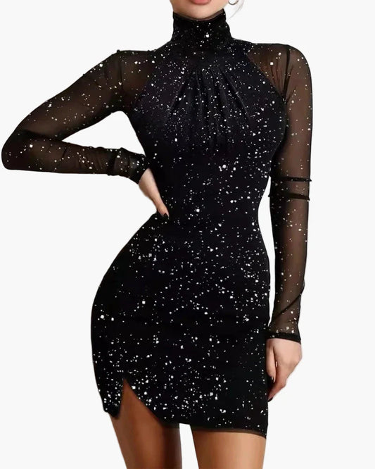 Women's bodycon mini dress with glitter effect and transparent sleeves – elegant party and evening dress