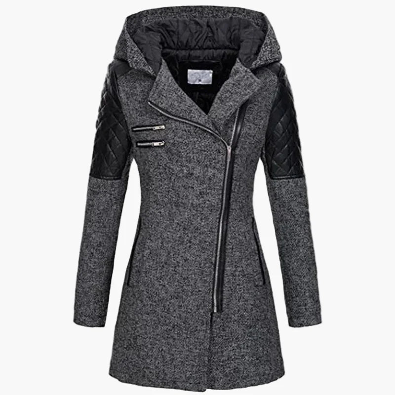 Women's winter coat with hood and asymmetrical zipper – fashionable long transitional coat for autumn & winter