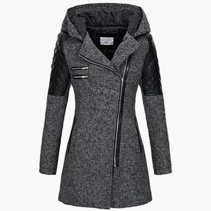 Women's winter coat with hood and asymmetrical zipper – fashionable long transitional coat for autumn & winter