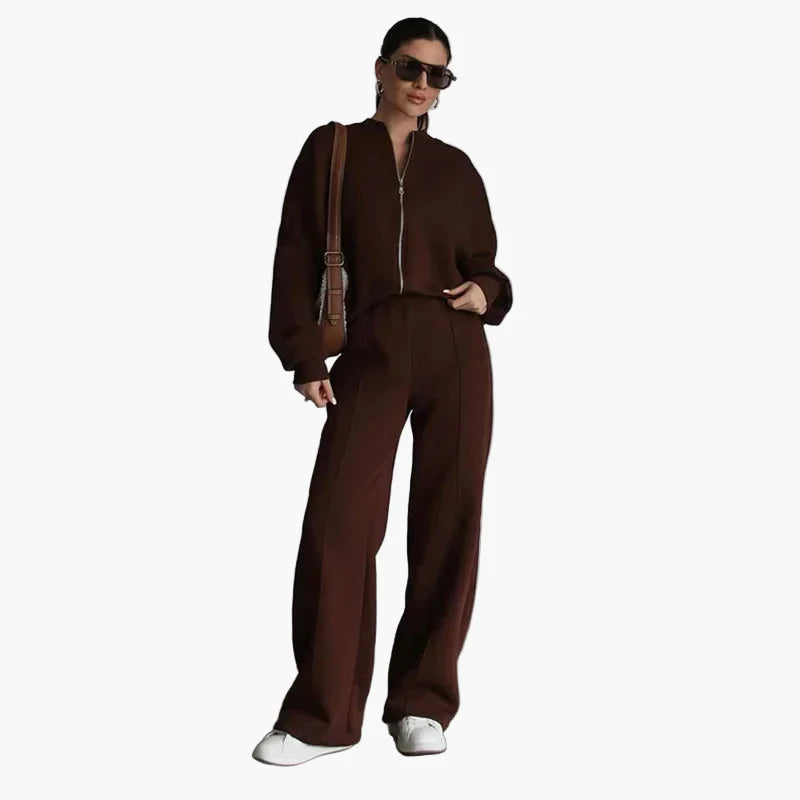 Women's Oversize Casual Suit Two-Piece with Wide Pants and Zipper Jacket – Casual Streetwear Look