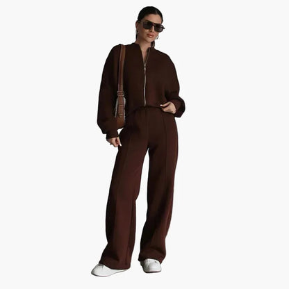 Women's Oversize Casual Suit Two-Piece with Wide Pants and Zipper Jacket – Casual Streetwear Look