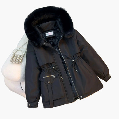 Women's winter jacket with hood and detachable faux fur collar – fashionable outdoor parka for cold days