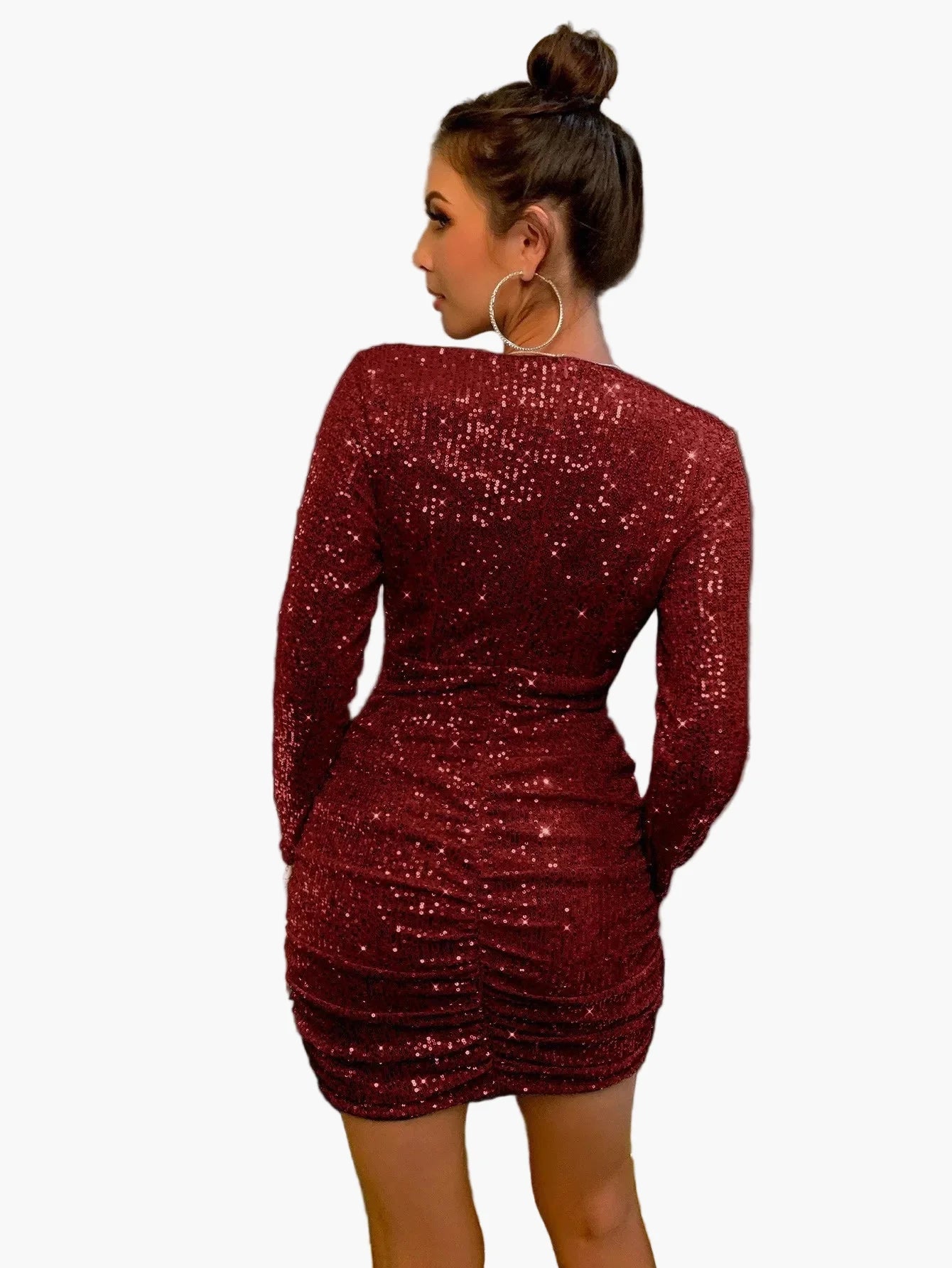 Women's Sequin Party Mini Dress with Long Sleeves and Deep Neckline – Perfect Dress for Evening, Club, and Celebrations