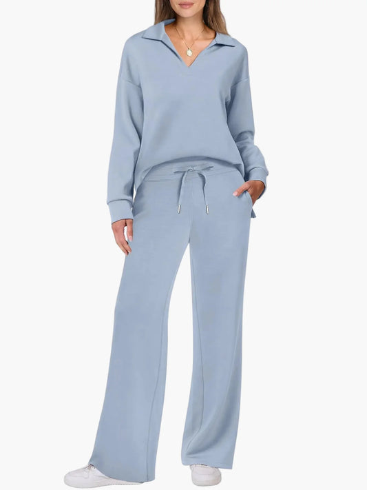 Damen Freizeit-Set mit weitem Bein und V-Ausschnitt – Bequemes Loungewear-Outfit für Alltag & Reisen