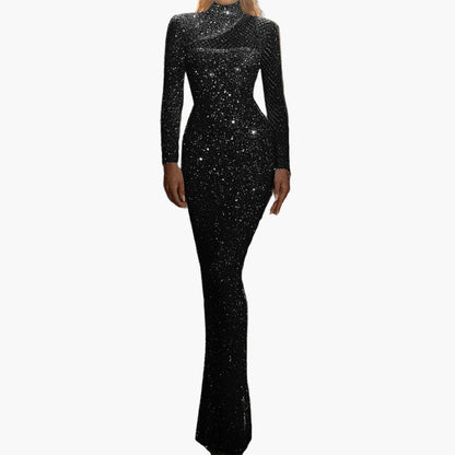 Damen Abendkleid Elegant Glitzer Langarm Bodycon Gala Party