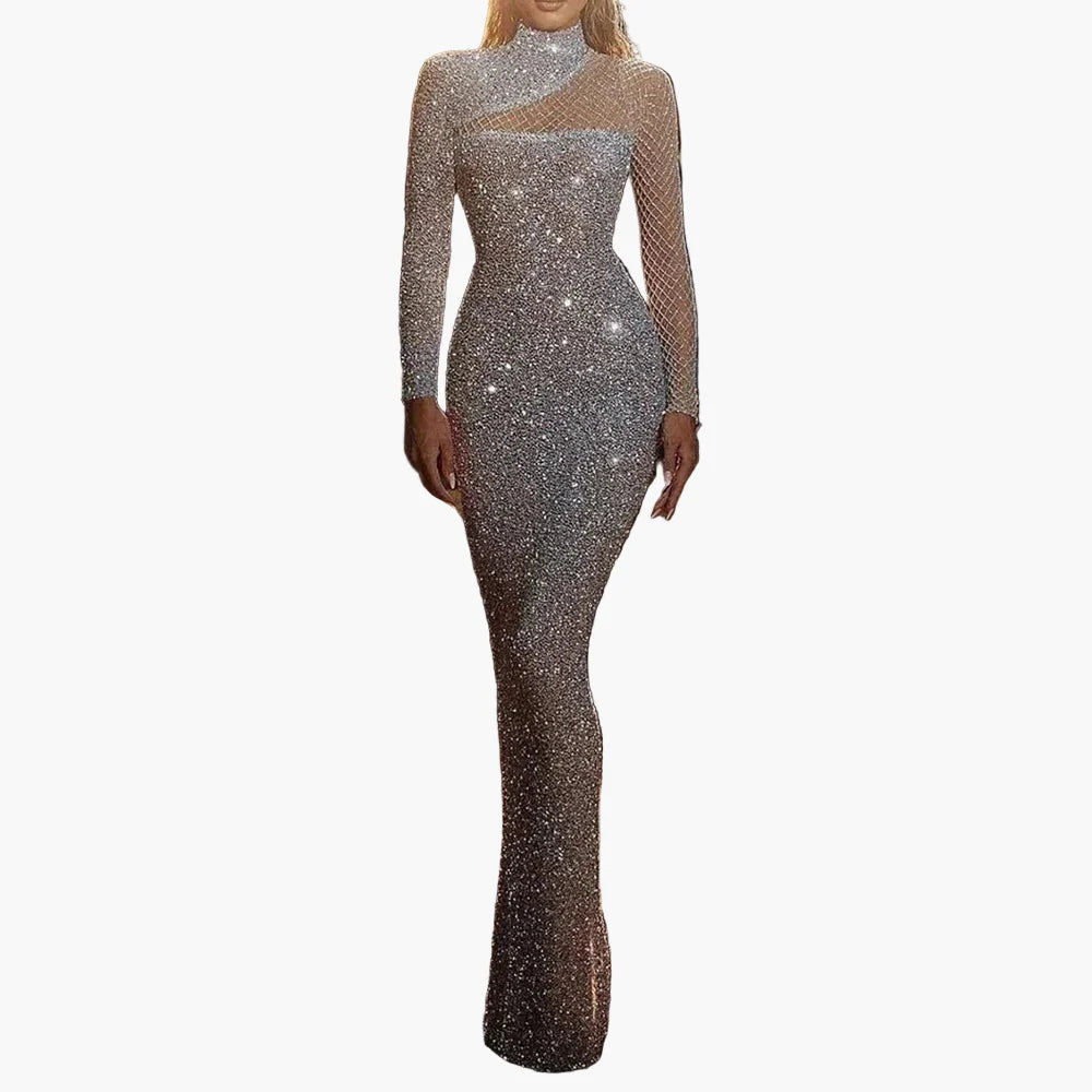 Damen Abendkleid Elegant Glitzer Langarm Bodycon Gala Party
