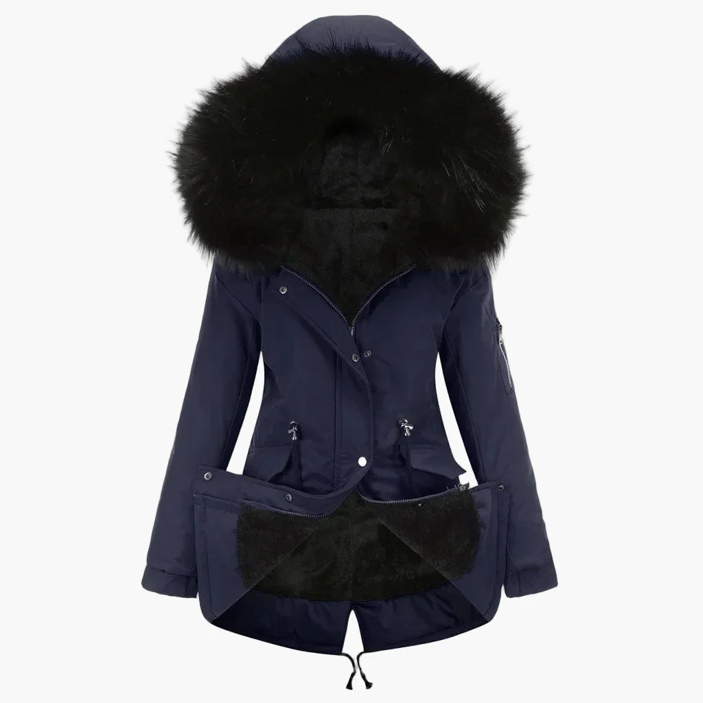 Women's winter parka with hood and faux fur – fashionable outdoor jacket for cold days