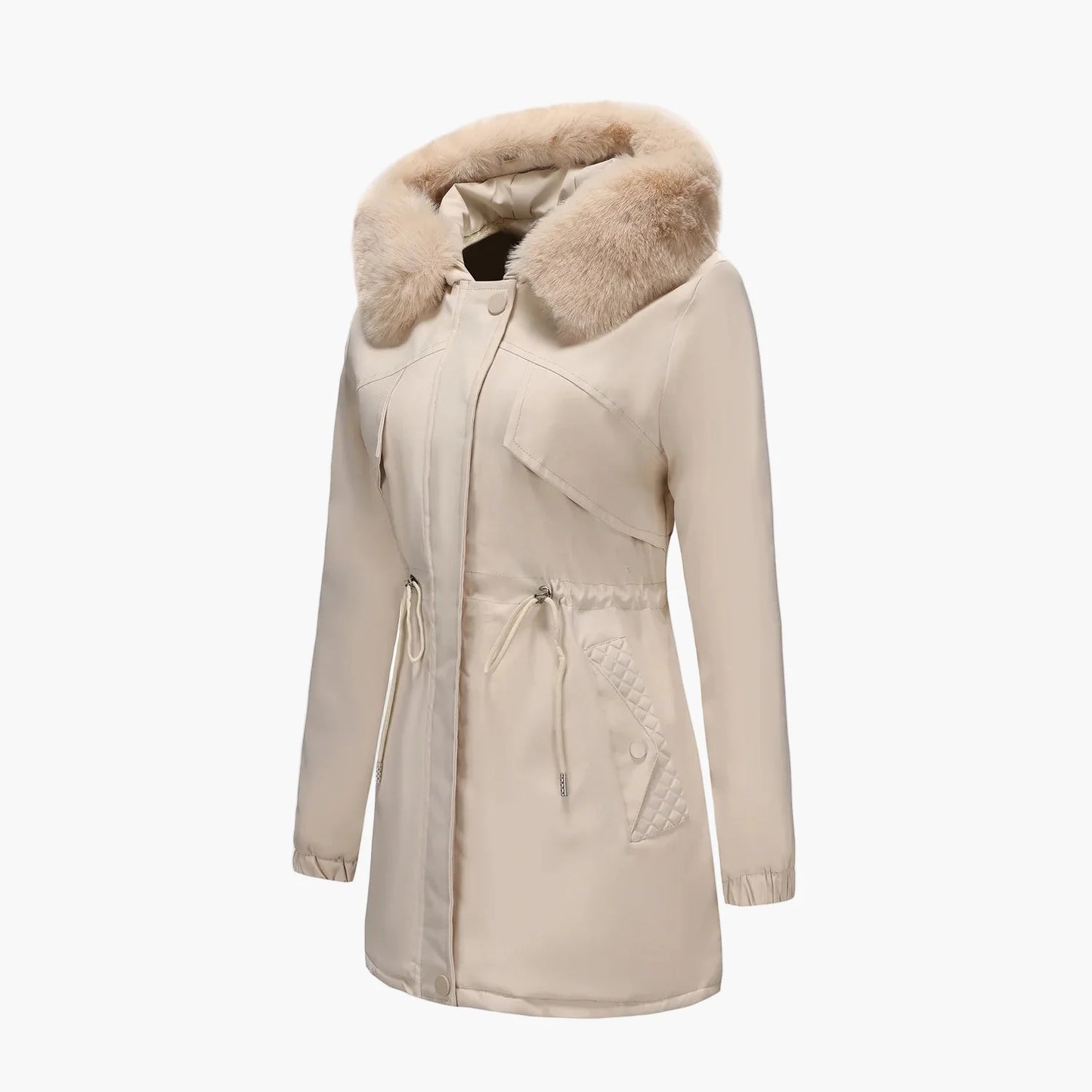 Women's winter jacket with hood and faux fur collar – Elegant parka for cold days