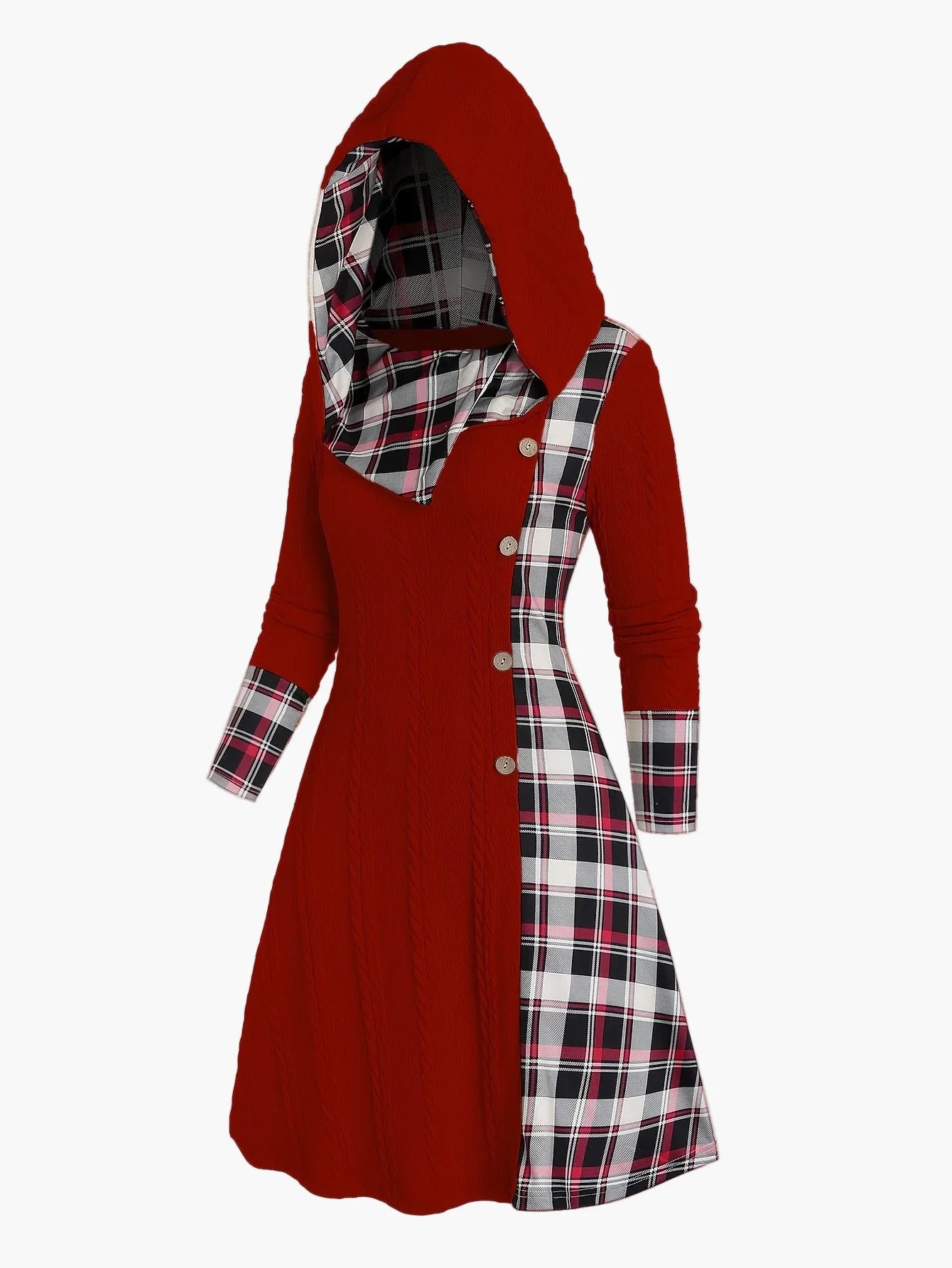 Women's hooded dress in vintage style with check pattern for autumn and winter