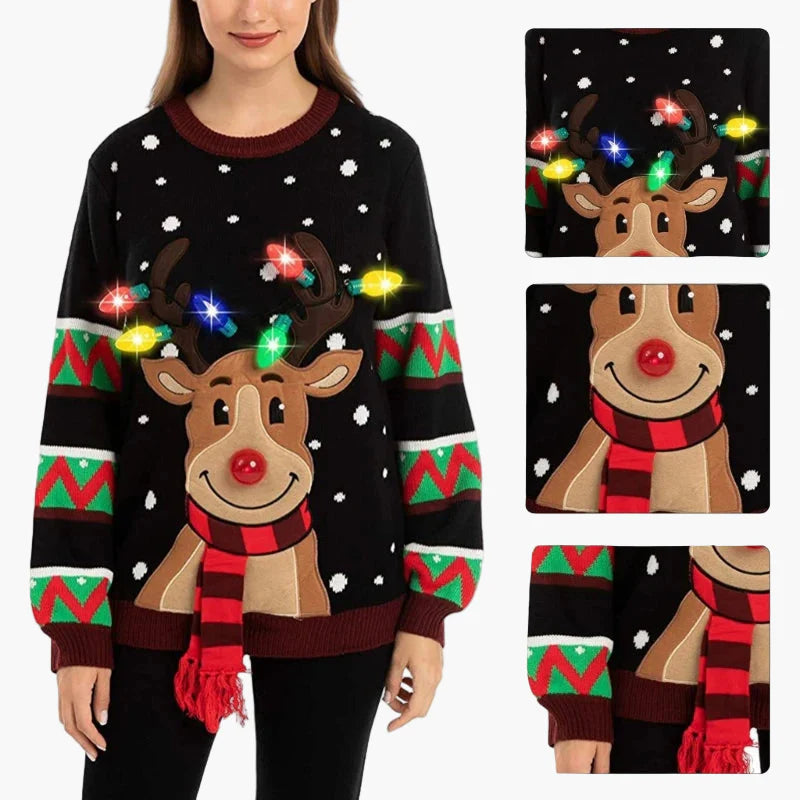 Women's Christmas Sweater with Reindeer and LED Lights – Funny Festive Knit Sweater for Party & Everyday