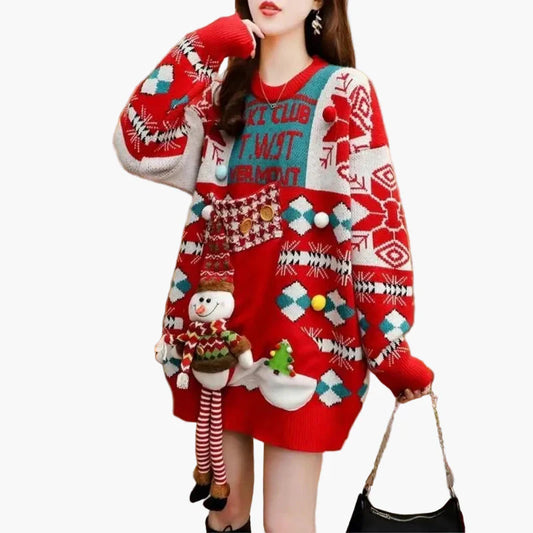 Women's Christmas Sweater Dress Ugly Christmas Sweater with Snowman 3D Application – Funny Oversize Winter Sweater for Holidays & Parties