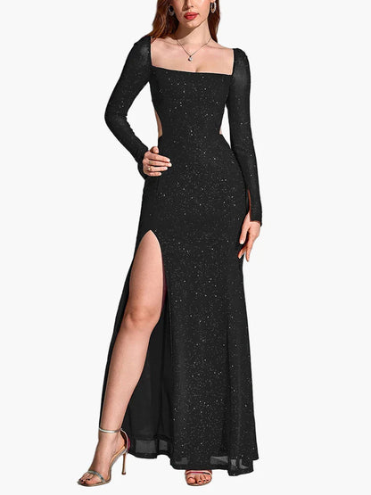 Damen Abendkleid Elegant Langarm mit Schlitz – Perfekt für festliche Anlässe & Gala