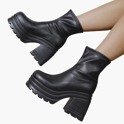 Damen Plateau Blockabsatz Stiefeletten Modische High Heel Schuhe für Party und Alltag